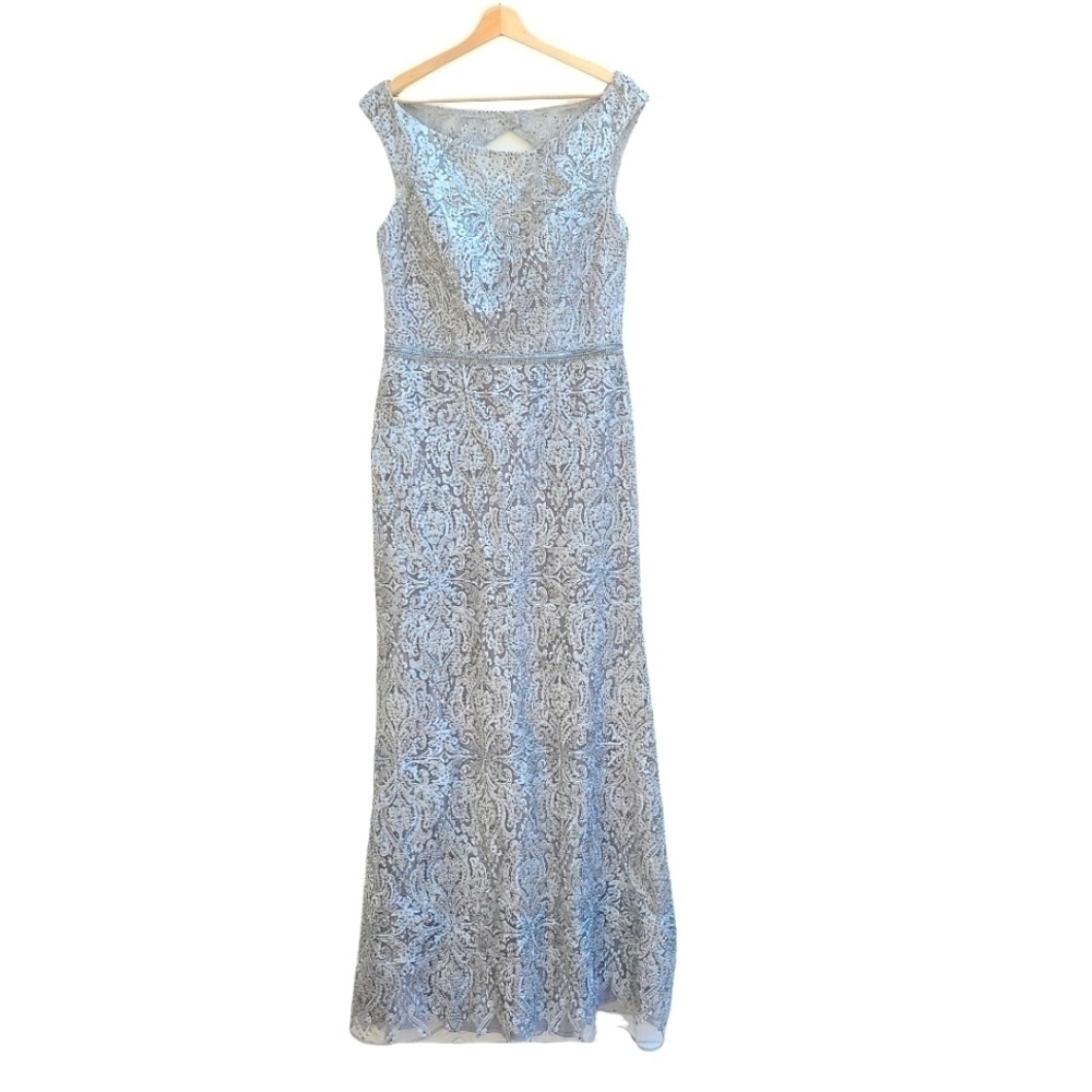 Cameron Blake Textured Silver Formal Gown, Size Medium